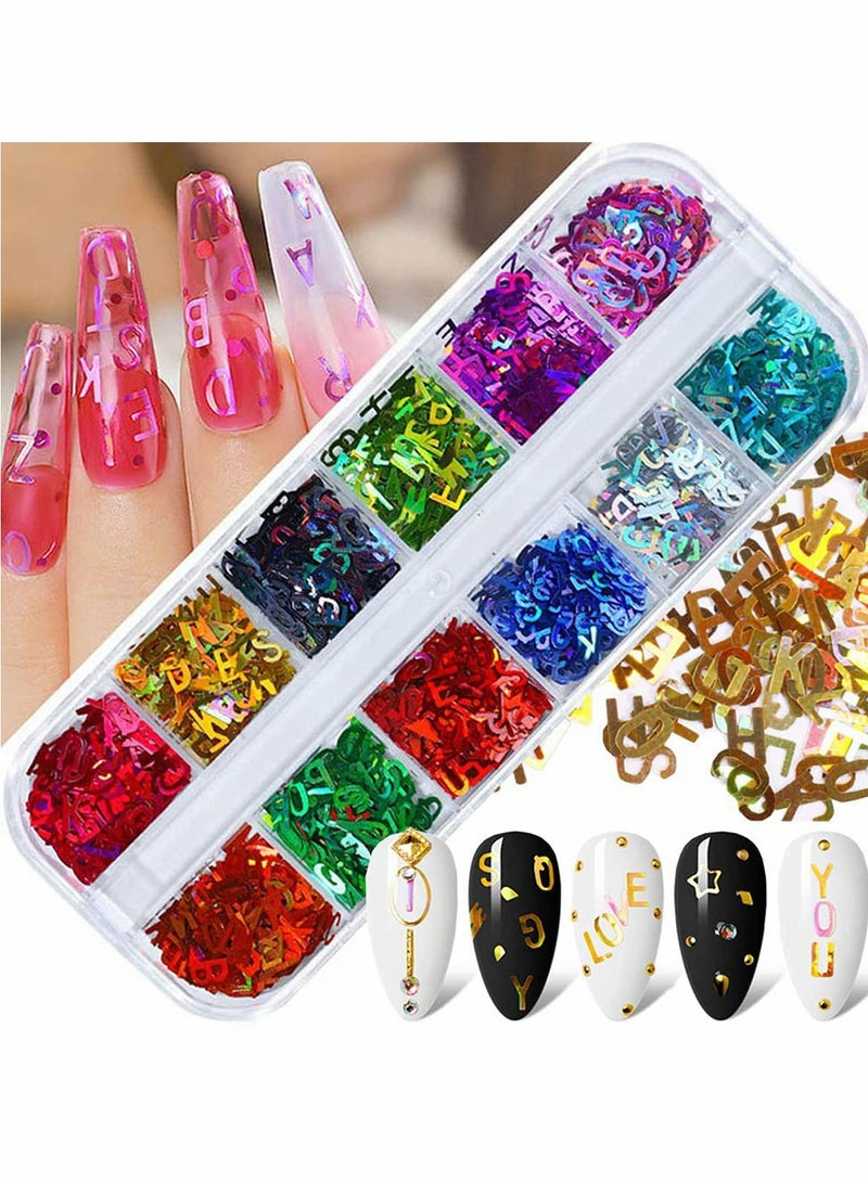 Nail Art Supplies 3D Letter Nail Glitter Sequins 12 Colors Holographic English Alphabet Nail Sequin Laser Letters Design, Colorful Flakes Glitters Stickers Decals Manicure Tips Decoration