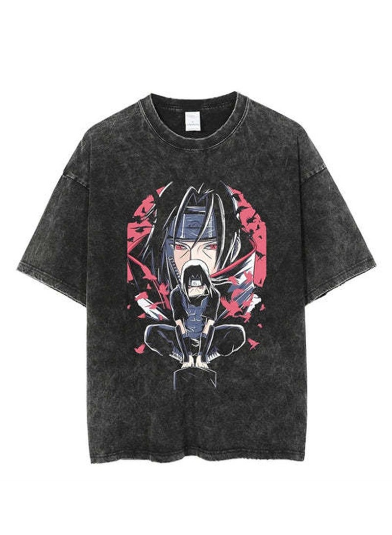 Washed retro T-shirt street hip hop anime Naruto casual cotton summer short sleeves