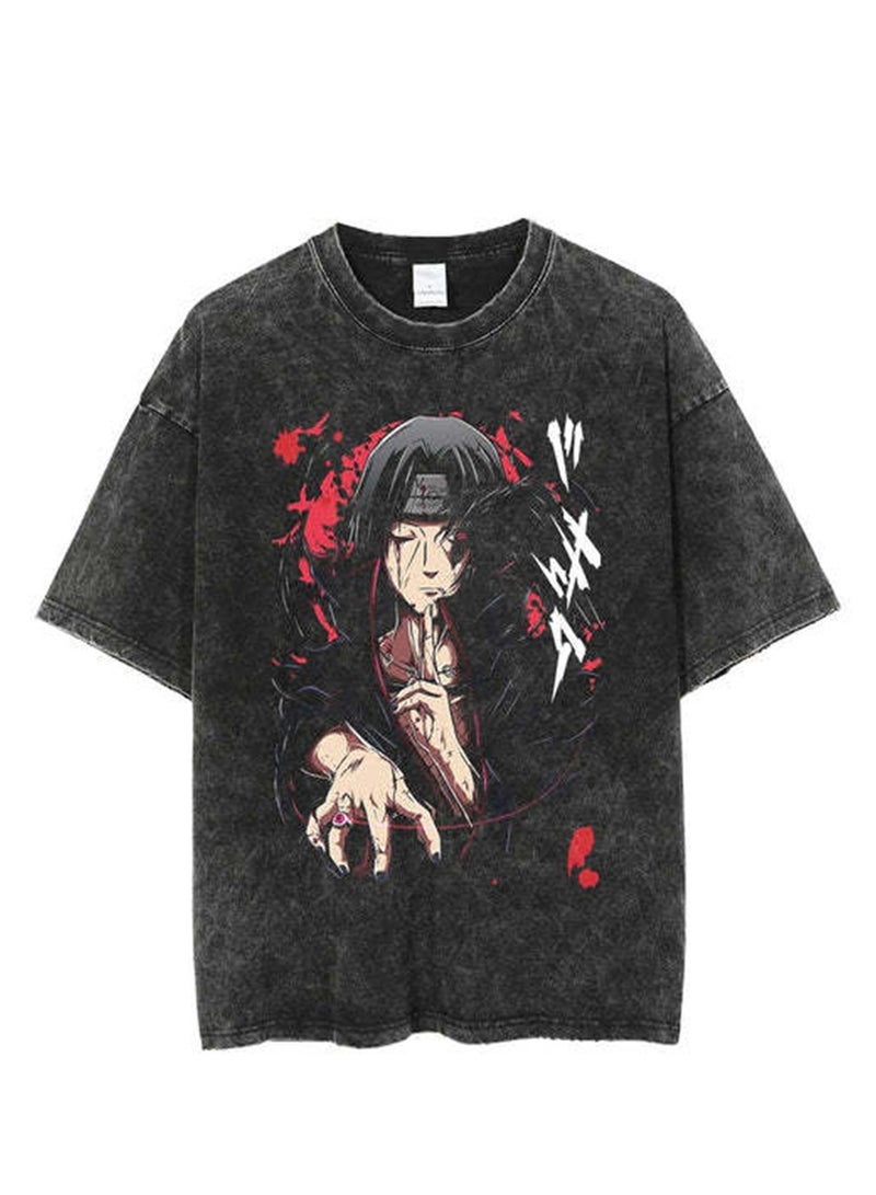 Washed retro T-shirt street hip hop anime Naruto casual cotton summer short sleeves