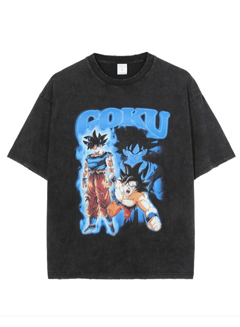 Washed retro T-shirt street hip hop anime Dragon Ball casual cotton summer short sleeves