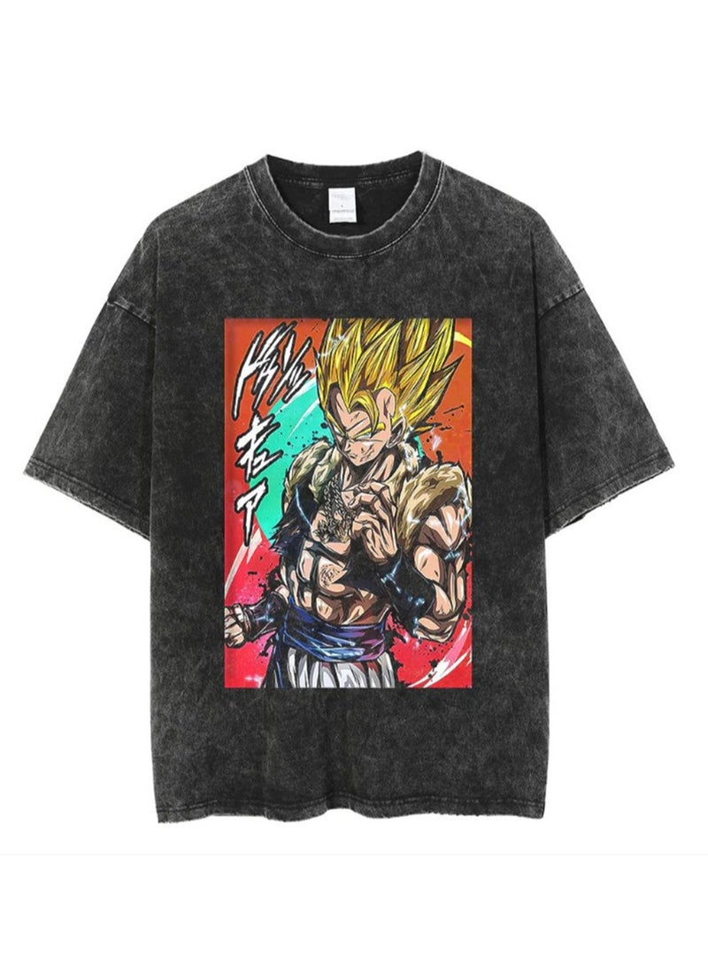 Washed retro T-shirt street hip hop anime Dragon Ball casual cotton summer short sleeves