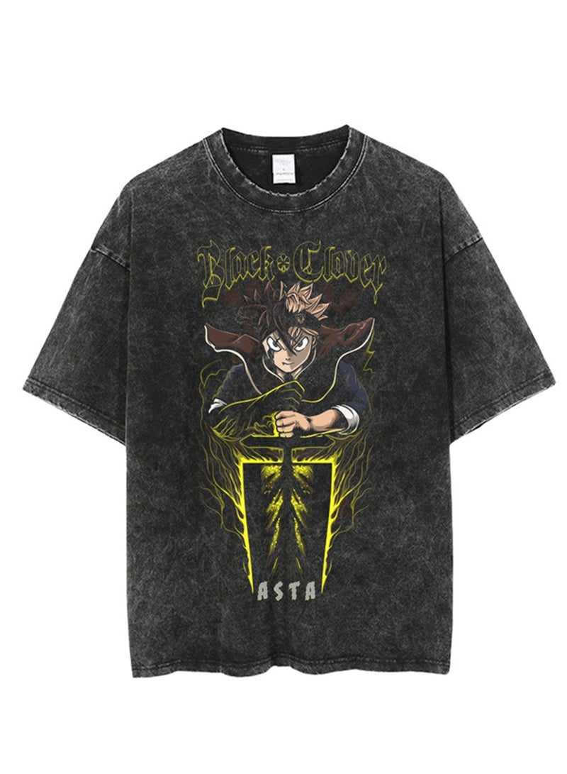 Washed retro T-shirt street hip hop anime Black Clover casual cotton summer short sleeves