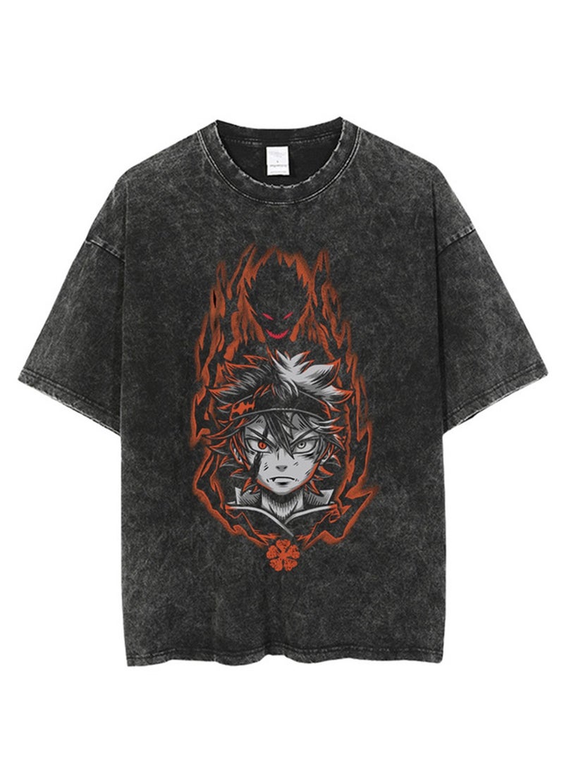 Washed retro T-shirt street hip hop anime Black Clover casual cotton summer short sleeves