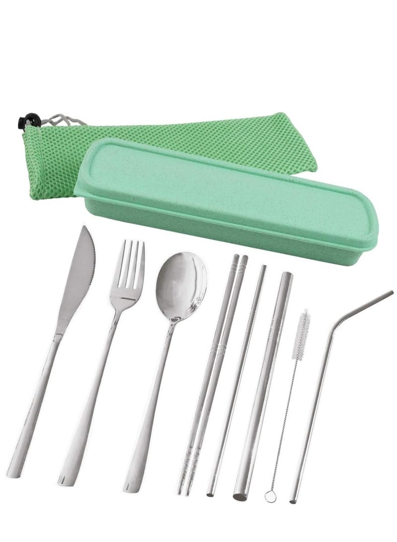 Portable Travel Utensils, Reusable Cutlery Camping Utensil Set with Case Including Stainless Steel Knife Fork Spoon Chopsticks Cleaning Brush Straws 8pcs