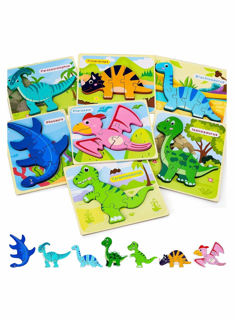 Dinosaur Puzzles for Kids, Wooden Puzzles for Toddlers, Dinosaur Toys for Kids Toddlers Girls Boys Gifts for Birthday, Educational Dinosaur Learning Toys for Toddlers Preschool 7Pcs