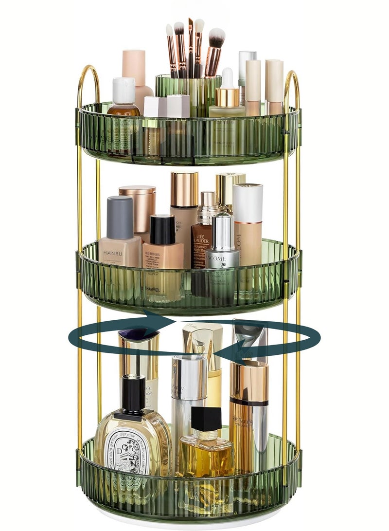 Rotating Makeup Organizer with Makeup Brush Holder, Save 80% of Vanity Space with Luxury Cosmetic Organizer 3 Tier, 360° Spinning Lazy Susan Skincare Stand, Green 47x23x23cm