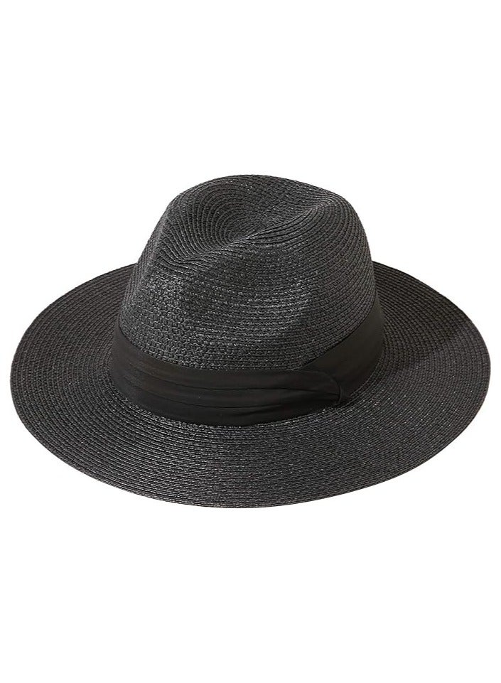 Straw Sun Hat for Women, Girls Cute Summer Beach Cap Foldable Visor Floppy Wide Brim with Bowknot BLACK