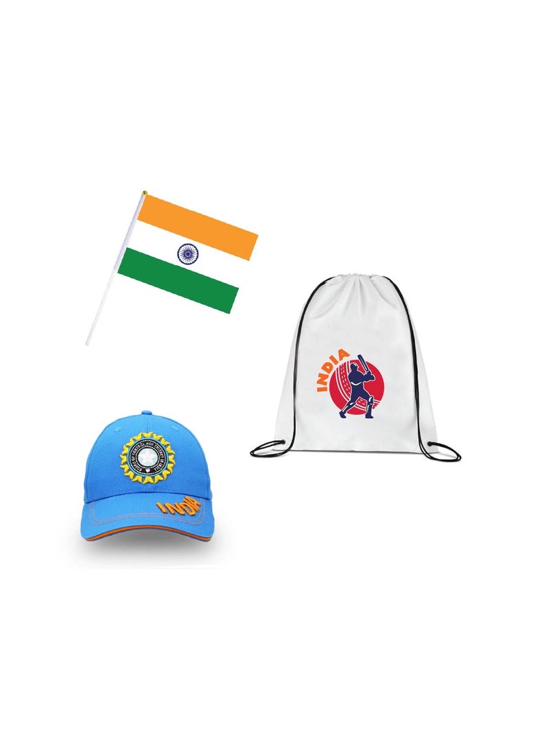 India Cricket Sports Fans Set - Pack of 3 Combo - Embroidered Cap, Drawstring Bag, and Hand Flag - Ideal for Matches, Events, and Everyday Use - Perfect for Sports Fans