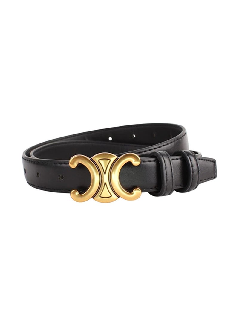 Women's Fashion Leather Thin Belt, Belts for Jeans with Gold Buckle, Double C Buckle Belts for Jeans Dresses Pants, B;ack