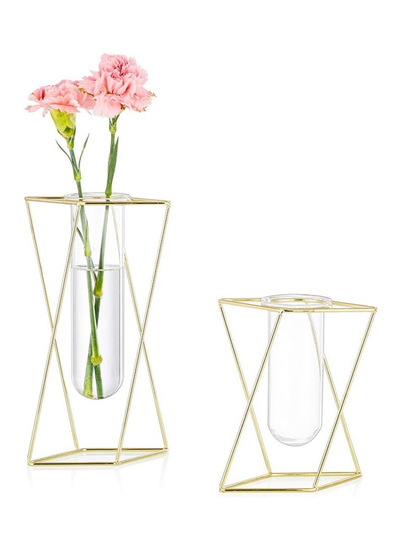 2pcs/Set Modern Frame Cylinder Clear Vase Gold Small + Large Glass Flower Vase with Geometric Metal Rack Stand Centerpiece for Home Office Wedding