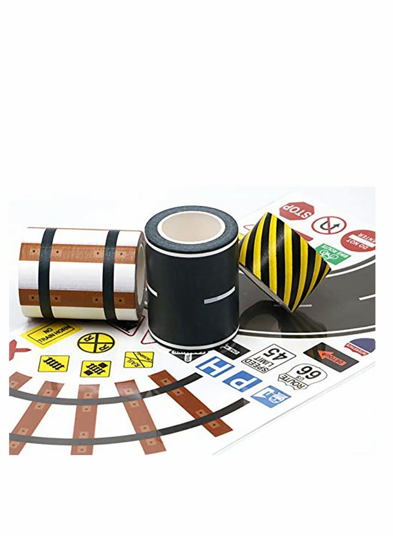 Road Tape for Toy Car & Trains,3 Tape Rolls, Bonus 160 Traffic Sign Die Cut Stickers, 4 Road Tight Curves and 4 Trains Tight Curves, Develop Your Kids Imagination and Memory, Play and Learn