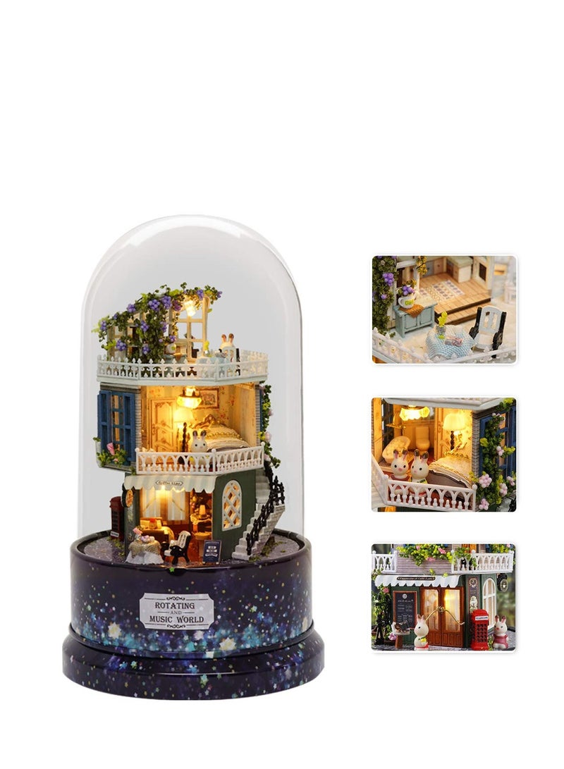 DIY Miniature Dollhouse Kit, with Furniture, Spin Rotate Music Box, LED Wooden Mini House Set, for Kids, Girls, Women Lovers, Best Gift Birthday, Valentine's,  Wedding Day