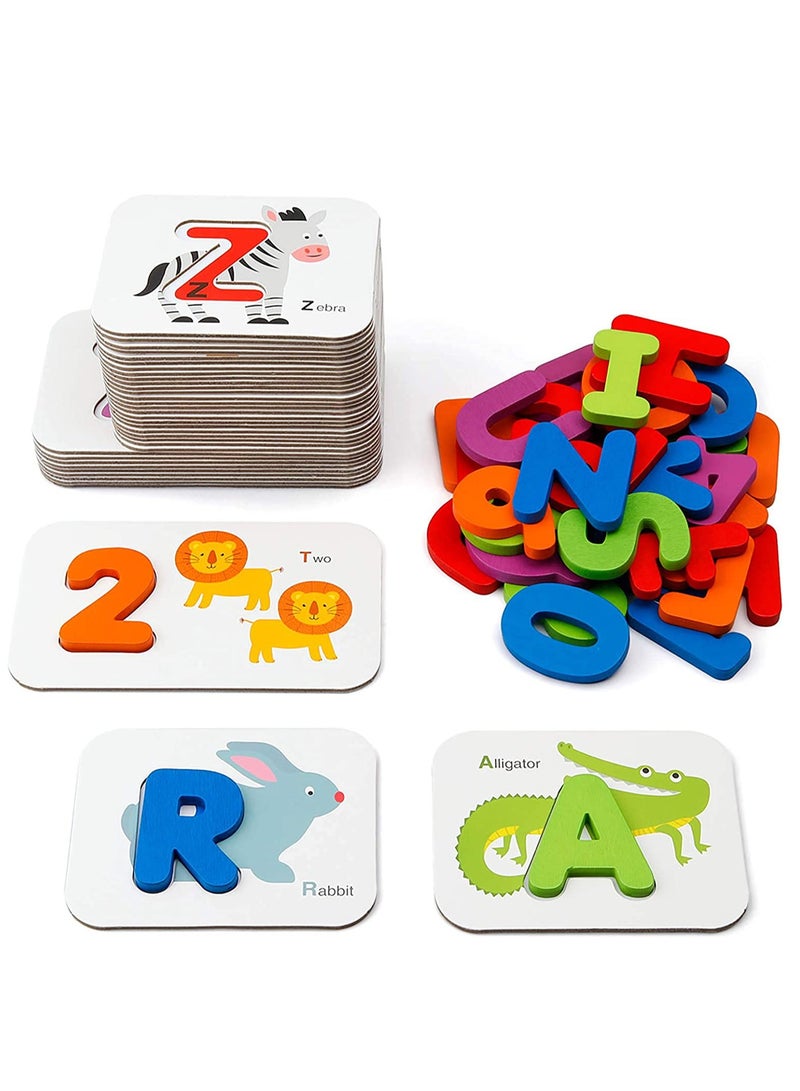 Early Childhood Education Toys, Numbers and Alphabets Flash Cards Set   ABC Wooden Letters and Numbers Animal Card Board Matching Puzzle for Kids Age 3 4 5 Preschool and Up Years