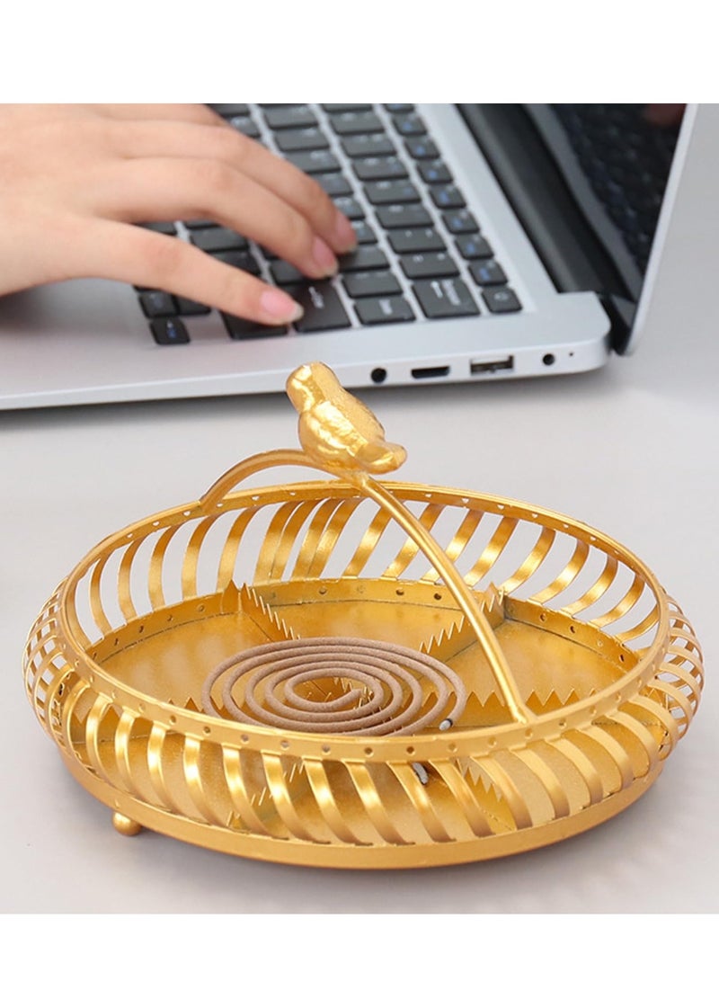 Mosquito Coil Holder, Portable Mosquito Coil Holder, Incense coils Holder with Round Handle Fireproof & Scaldproof Incense Burner for Home, Outdoor (Gold Birdcage)