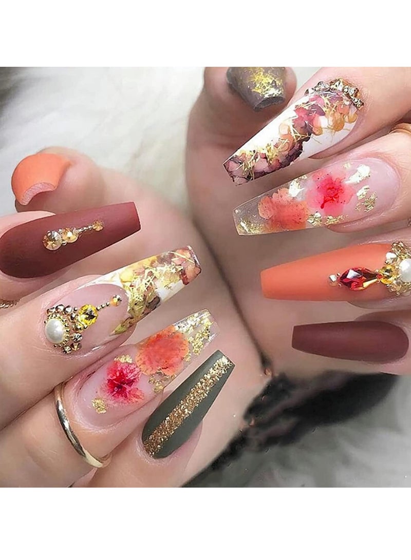 24 Pcs Fall Press on Nails Long, Glossy Acrylic Glue on Nails for Women, Gold Glitter Coffin Nails, Long Fake Nails with Fall Leaf Flower Rhinestone Designs