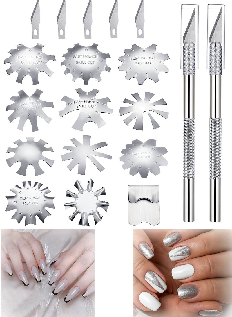 12 Pieces French Nail Trimmer, Stainless Steel French Tip Cutters, Smile Line Cutter Edge Manicure DIY Plate Module with 2 Handles French Tip Cutting Knife and 5 Spare Blade for Acrylic Nail