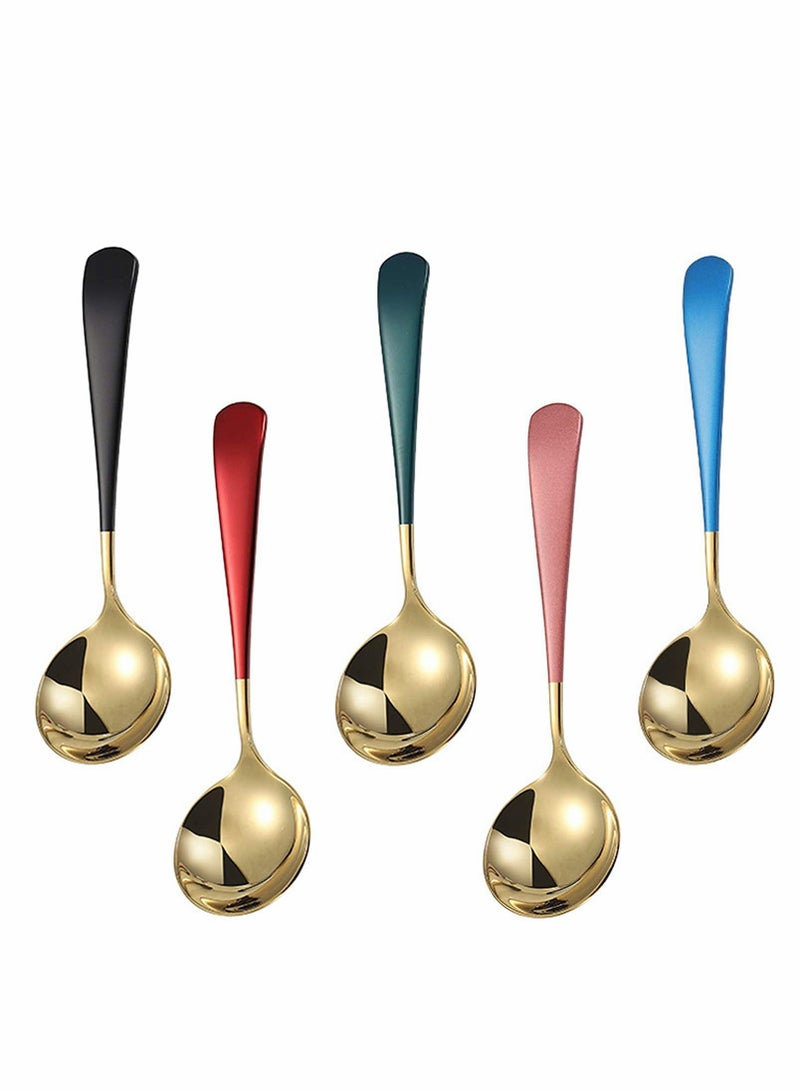 Metal Soup Spoons, Premium Stainless Steel Spoons Set, for Soup Round Colorful Dinner Spoons, Thick Durable Short Handle Table Spoon 6.3 Inch, Set of 5 (Gold)