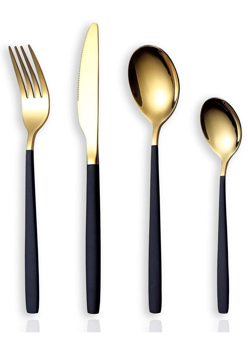 Flatware Cutlery Set, Royal 4 Piece Matte Black Gold Stainless Steel Tableware Sets for 1 Including Forks Spoons Knives, Camping Silverware Travel Utensils Set Cutlery