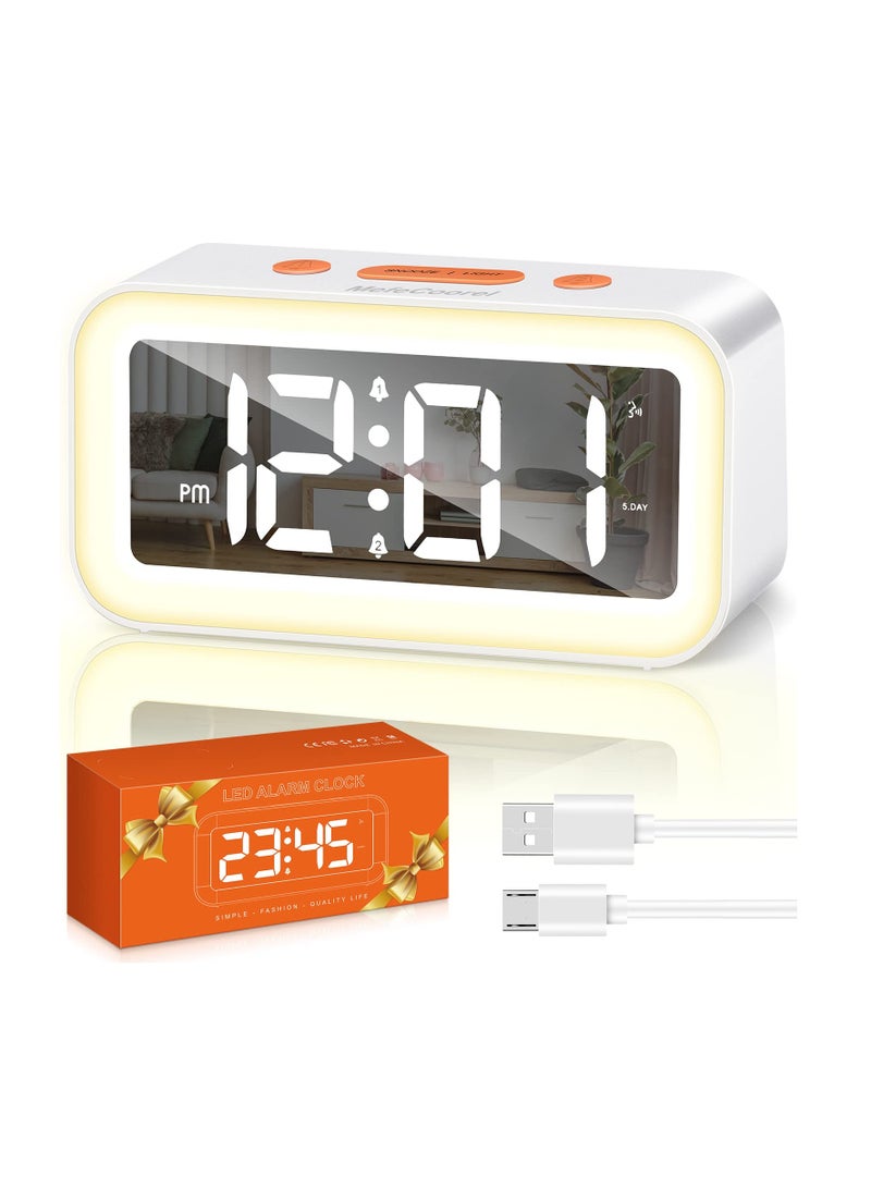 Digital Alarm Clock for Bedrooms, with LED Night Light, 0-100% Adjustable Brightness, Sound Activation & Power-Off Memory, 12/24Hr, USB Port, for Kids Bedside, Home, Office (White)