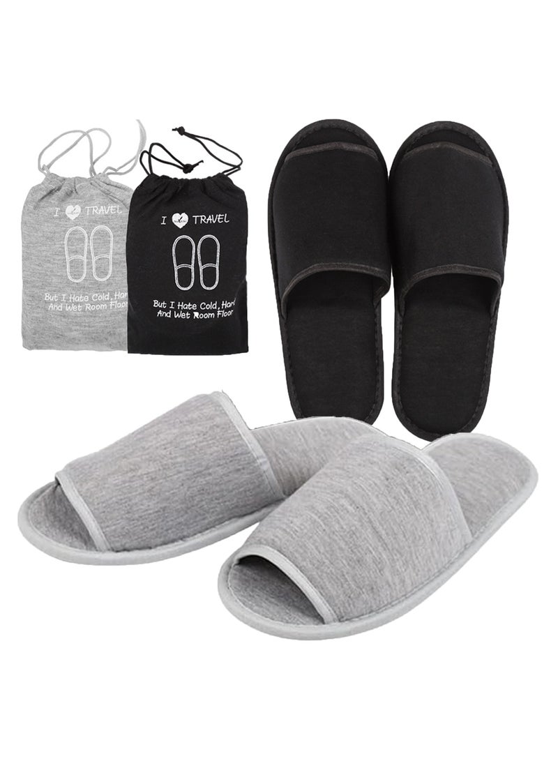 2 Pairs Portable Travel Slipper Spa Hotel Open Toe Sandals Non Disposable Foldable Shoes Guest Indoor House Room Business Trip Party Washable Footwear with Bags