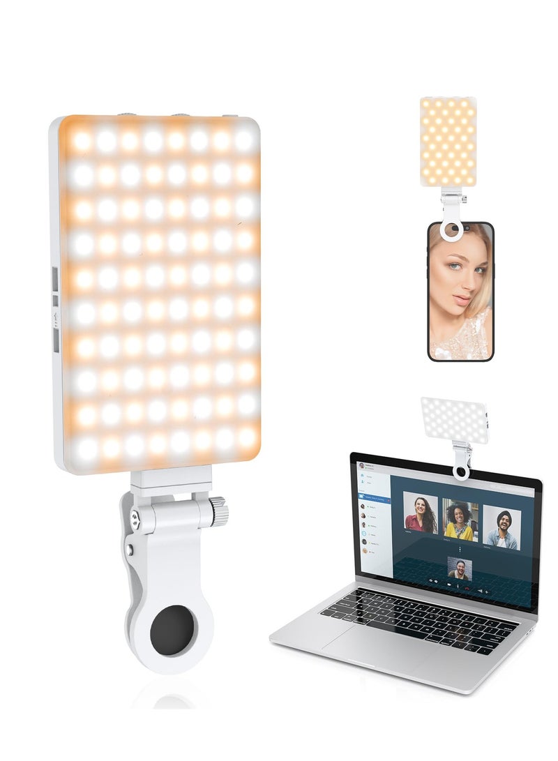 80 LED Portable Selfie Light, 3 Light Modes 2000mAh Video Fill Light, with Front & Back Clip, for Phone, iPhone, Android, iPad, Laptop, for Makeup, Selfie, Vlog, Video Conference (White)