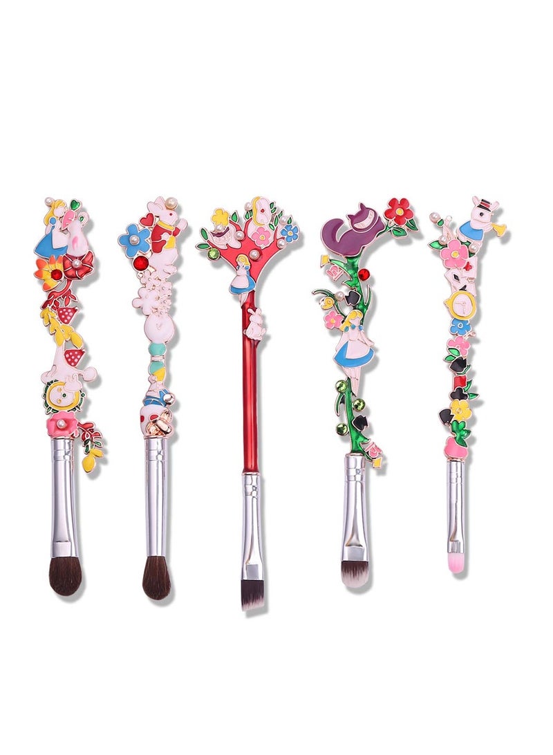 Alice in Wonderland Makeup Brush Set, 5 Pcs Cartoon Theme Makeup Brushes, with Premium Synthetic Fiber and Metal Handle for Blush, for Blush, Foundation, and Lips, for Girl Women Birthday Gifts