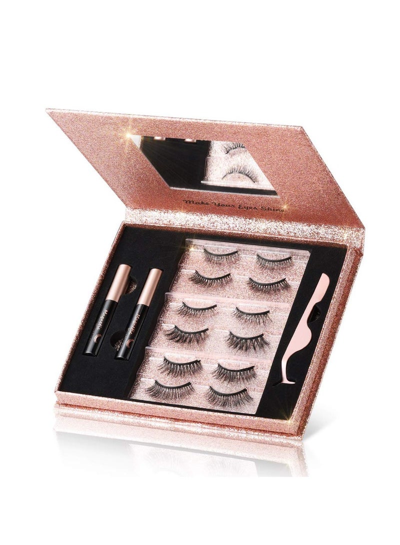 SYOSI Magnetic Eyelashes with Eyeliner, 6 Pairs 3D Natural Look Magnetic Lashes and Eyeliner Kit, 2 Tubes Long Lasting Magnetic Eyeliner 10mL, Mirror Box with Professional Tweezers - No Glue Needed