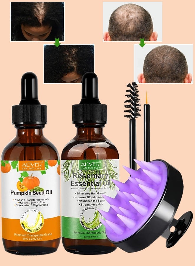 Rosemary & Pumpkin Oil with Hair Scalp Massager Brush for Hair Growth Pure Organic Rosemary Oil for Dry Damaged Hair and Growth Hair Scalp Oil Hair Loss Treatment Oil for Men and Women 60ml x 2