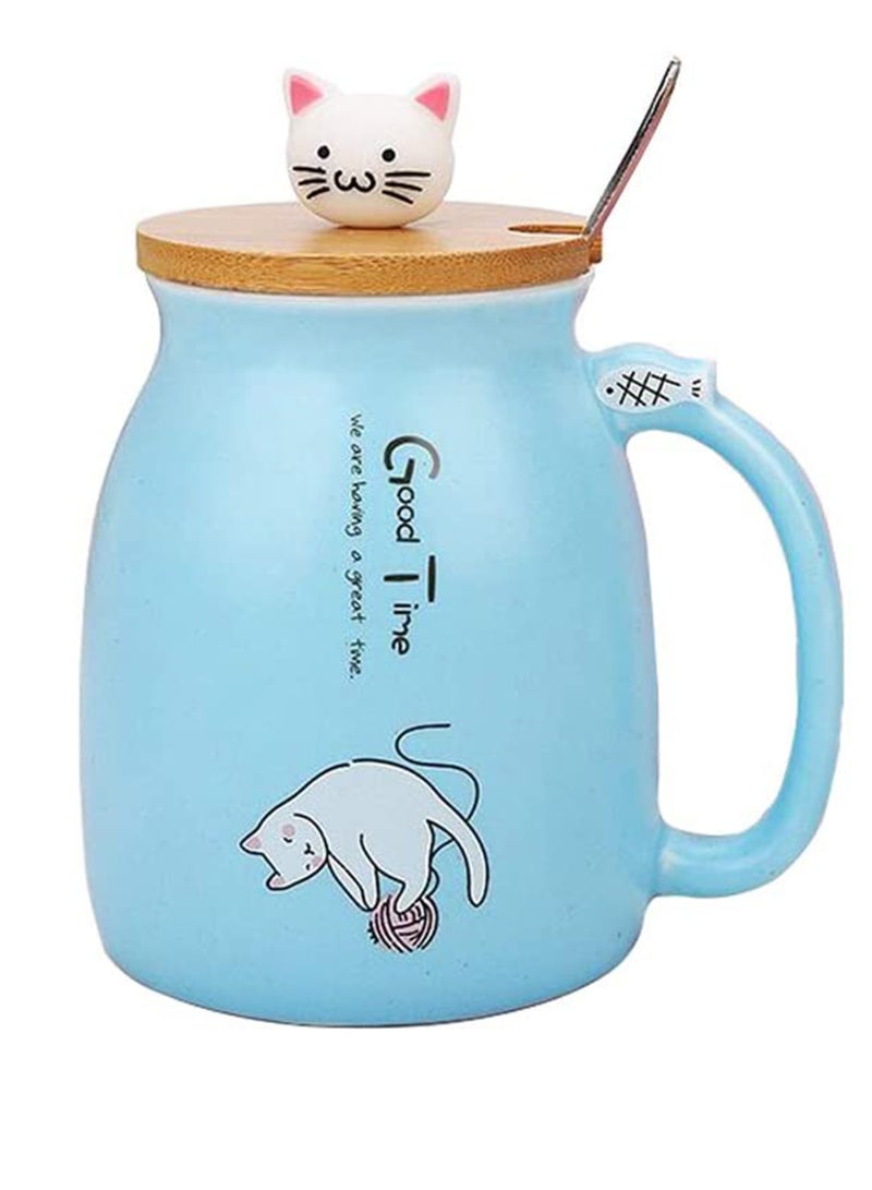 Cat Mug C ute Ceramic Coffee Cup with Lovely Kitty wooden lid Stainless Steel Spoon, Novelty Morning Cup Tea Milk C hristmas Mug, Tea Water Milk Mugs for Home Office Drinkware Gift 330MLBlue