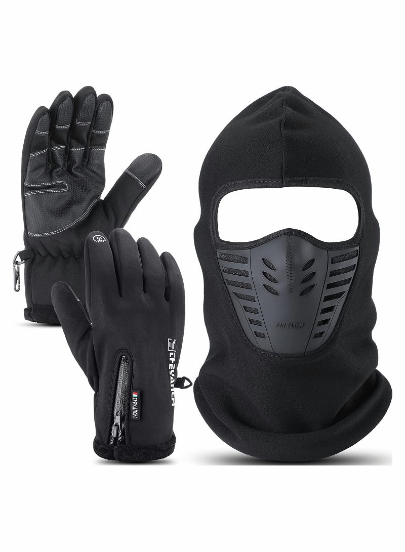 Winter Balaclava Face Mask with Ski Gloves, Cold Weather Full Ski Mask with Breathable Air Face Cover Touch Screen Gloves for Men Women Skiing, Riding