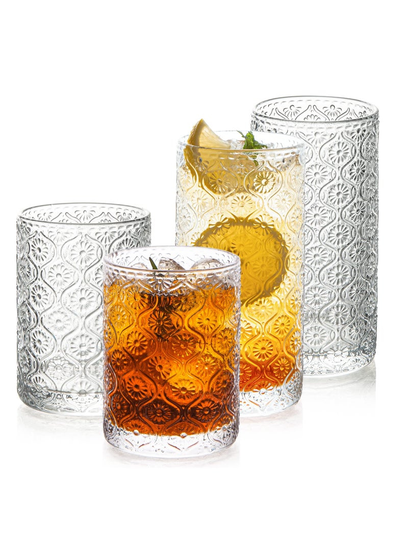 Vintage Coffee Mugs, Vintage Embossed Drinking Glasses Short Stem Water Glassware, Set of 4 Art Deco Glassware, for Home, Bars, Parties, Tea, Gift