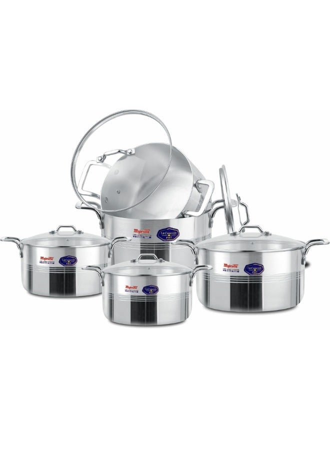 Majestic La Casserole Premium Quality 5-Piece Aluminum Cookware Set with Tempered Glass Lids - Heavy Gauge, Easy-Grip Handles, Shiny Finish, Stock Pot, Healthy Cooking (4/5.5/7.5/9.5/12.5 Ltr)
