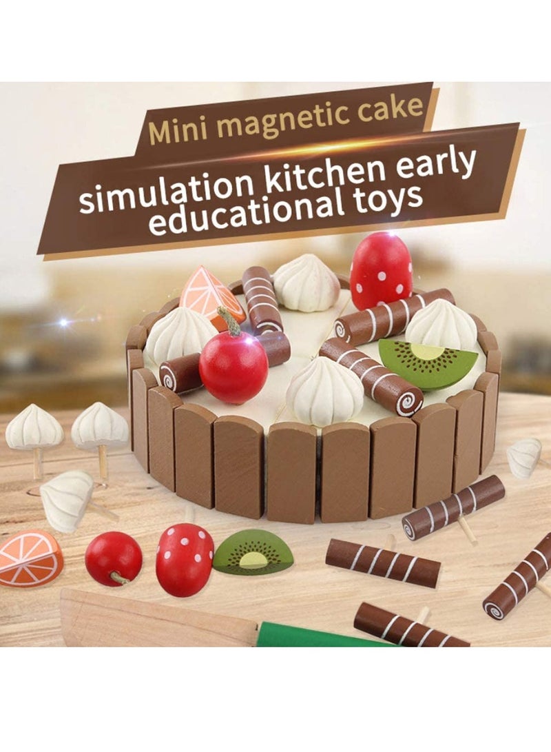 Wooden Birthday Cake Toy   Kids Magnetic Dessert Toy with Cutting Knife, Fruit Toppings, Chocolate and Vanilla Swirls Fun Kitchen Pretend Play Food Party, Cooking Cutter Set, Educational Gift