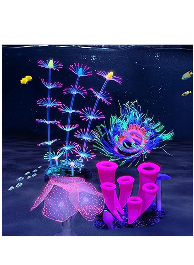 4 Pieces Silicone Glow Fish Tank Decorations Plants with Simulation Silicone Coral, Artificial Horn Coral,Fluorescence Sea Anemone for Aquarium Fish Tank Glow Ornament