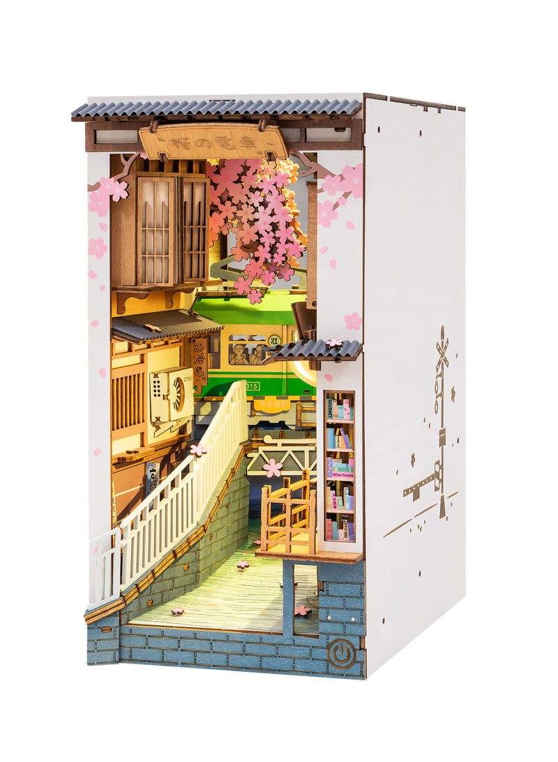 DIY Book Nook Kit, 3D Wooden Puzzle, DIY Dollhouse Booknook Bookshelf Insert Decor with LED, DIY Bookend, Diorama Miniature Kit Crafts Hobbies Gifts for Adults/Teens (Sakura City)