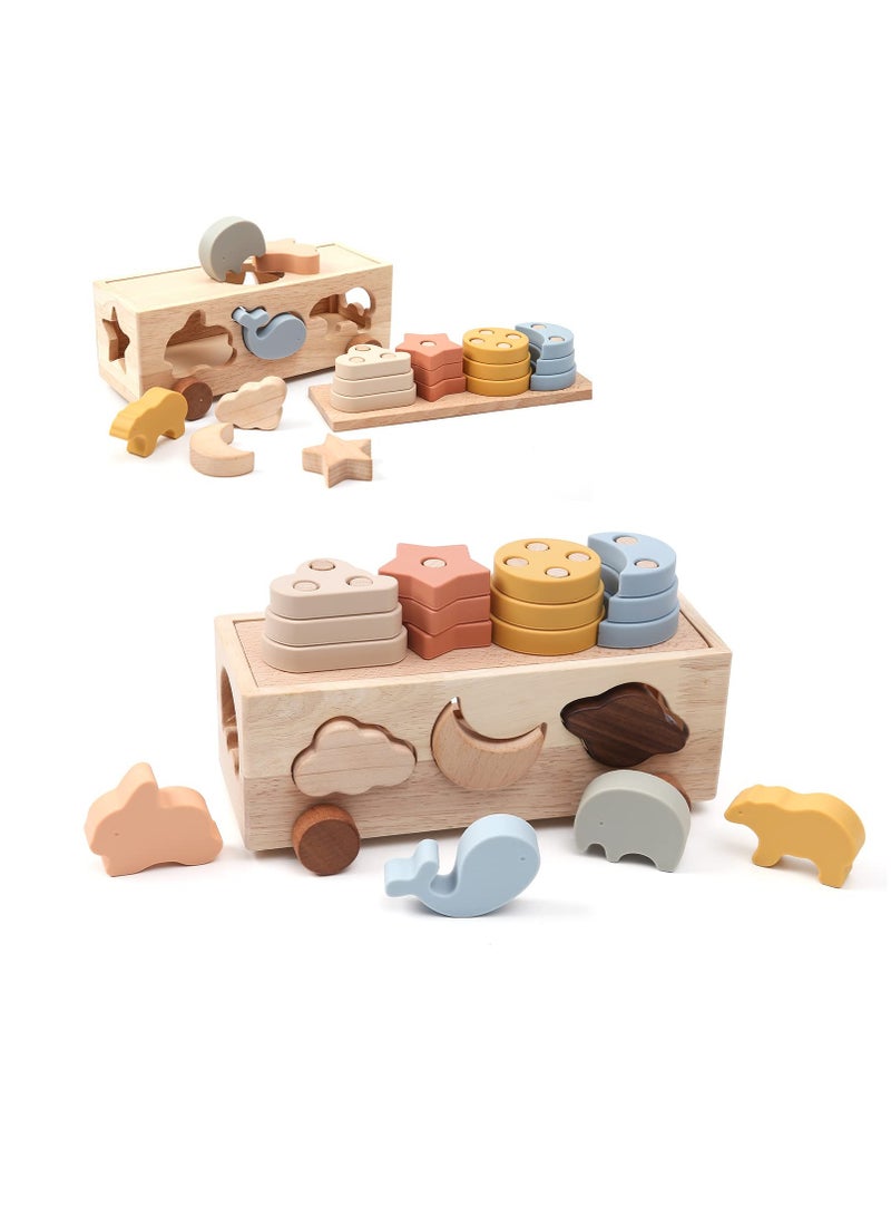 Wooden Shape Sorter Car Toys, Silicone Montessori Stack Toy Car, Wooden Sorting Car Toy, Learning Educational Toys, Gifts for Preschool Baby Boys & Girls or Toddlers 1-3 Years Old