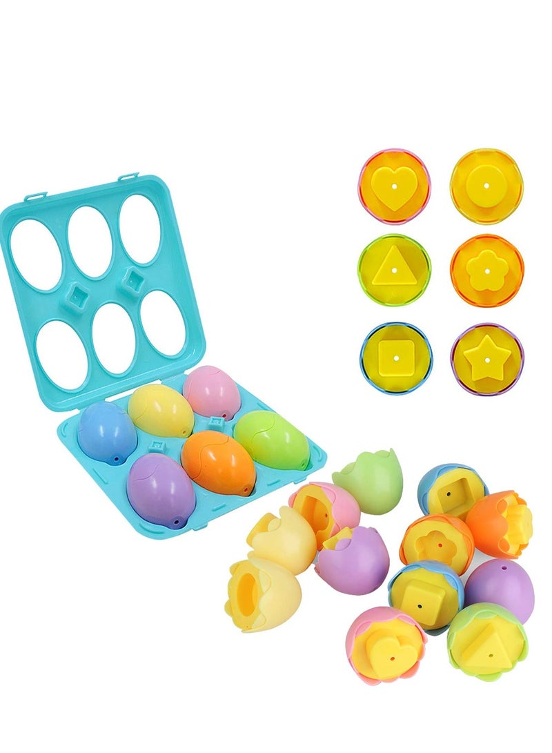 Color Shape Matching Eggs Set, Educational Toy with Blue Egg Holder, Early Learning Shapes Sorting Recognition Skills - Sorting Puzzle for Kid, Baby, Toddler, Boy, Girl, Birthday Gift (6 Eggs)