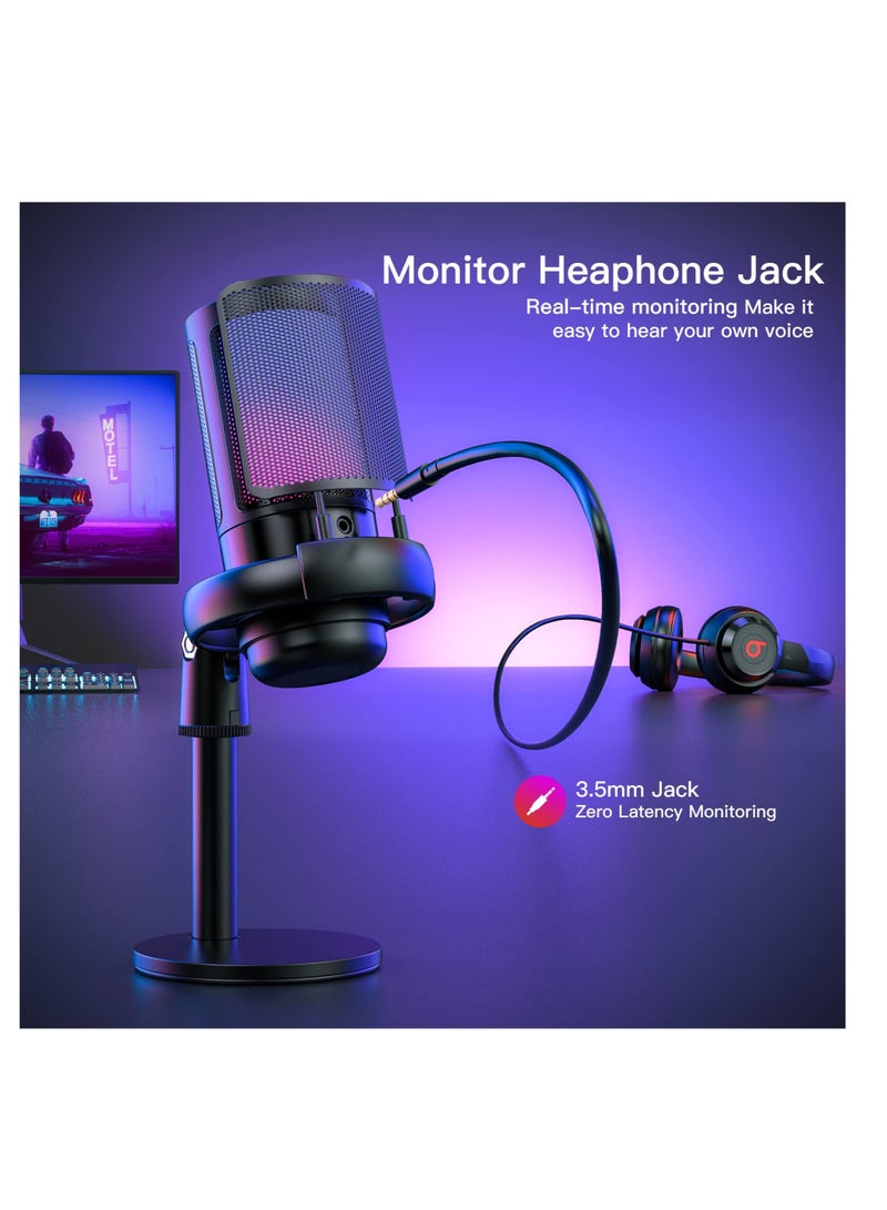 USB Microphone for PC, Gaming Mic for PS4/ PS5/ Mac/Phone, Condenser Mic with Quick Mute, RGB Lighting, Pop Filter, Shock Mount, Gain Control, for Gaming, Streaming, Podcasting, Recording, YouTube