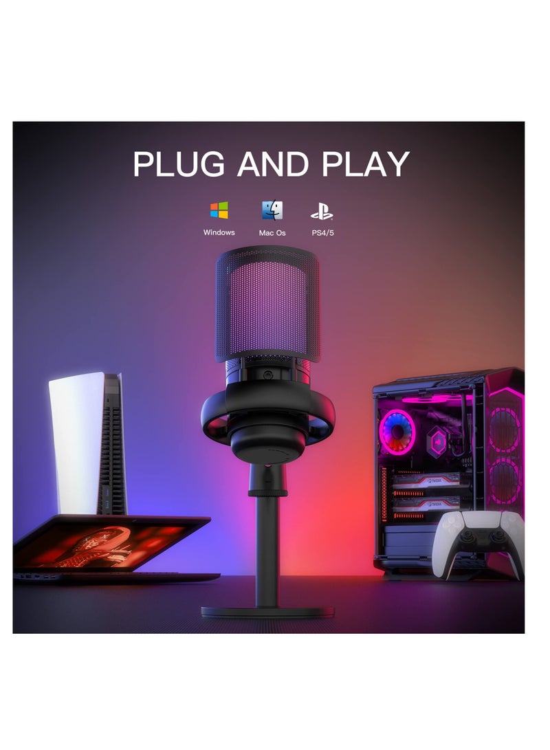 USB Microphone for PC, Gaming Mic for PS4/ PS5/ Mac/Phone, Condenser Mic with Quick Mute, RGB Lighting, Pop Filter, Shock Mount, Gain Control, for Gaming, Streaming, Podcasting, Recording, YouTube
