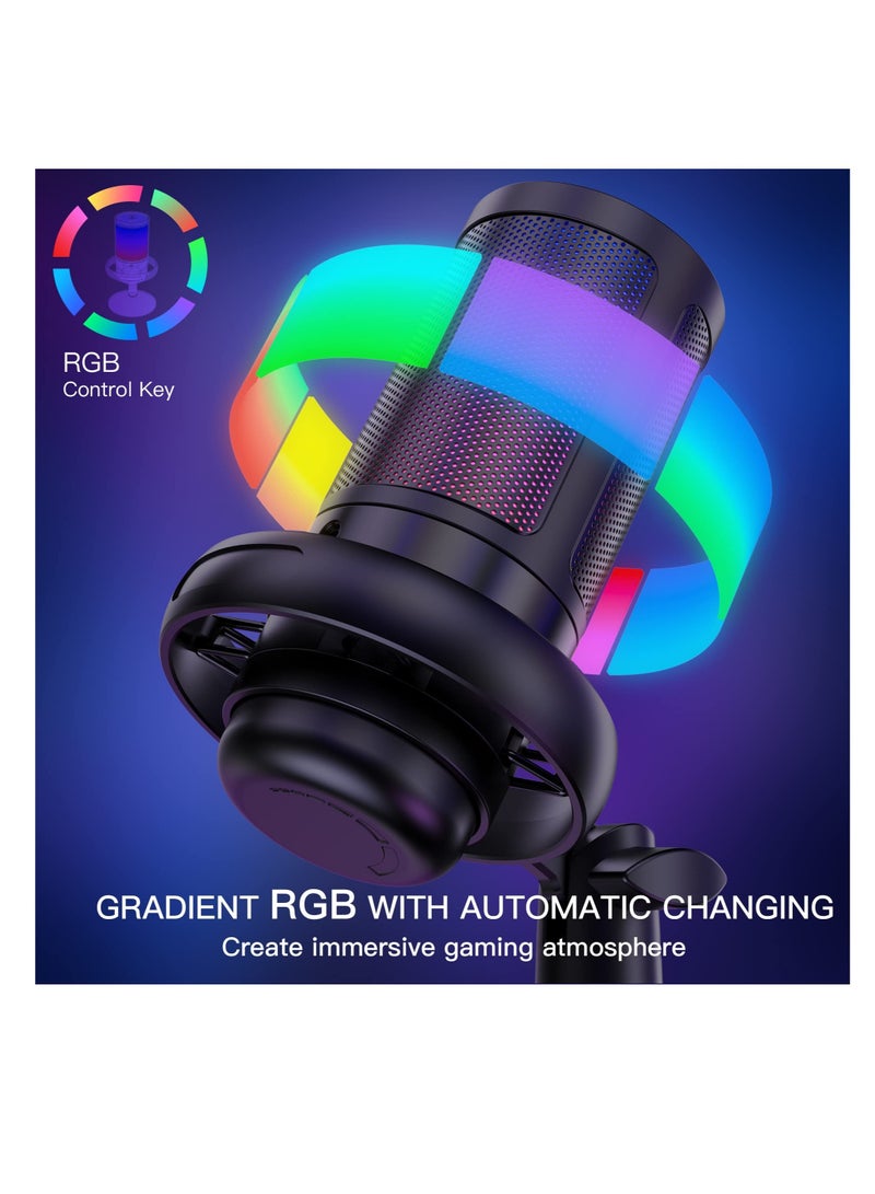 USB Microphone for PC, Gaming Mic for PS4/ PS5/ Mac/Phone, Condenser Mic with Quick Mute, RGB Lighting, Pop Filter, Shock Mount, Gain Control, for Gaming, Streaming, Podcasting, Recording, YouTube