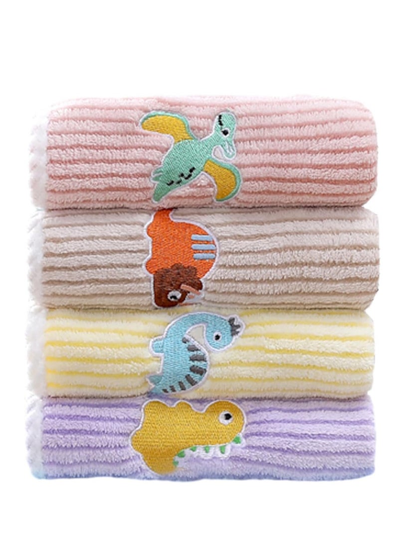 4 Pcs Soft Kids Washcloth Towels with Embroidered, Multicolor Children's Facial Towel, Cotton Baby Face Washer Hand Towels Cute Dinosaurs 25 x 50 CM