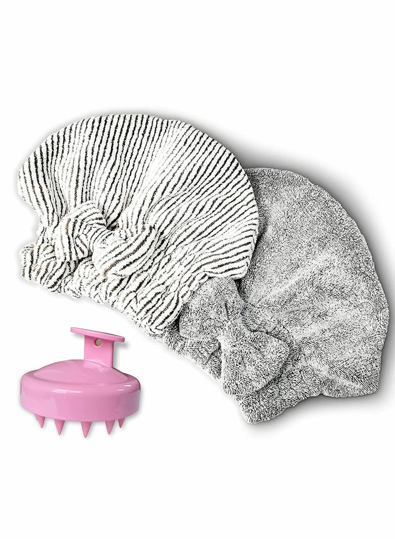 Microfiber Hair Towel Cap,Soft Absorbent Quick Drying Cap for Curly Thick Hair , with Hair Shampoo Brush Scalp Massager for Women Girls-Set of 3 Pcs