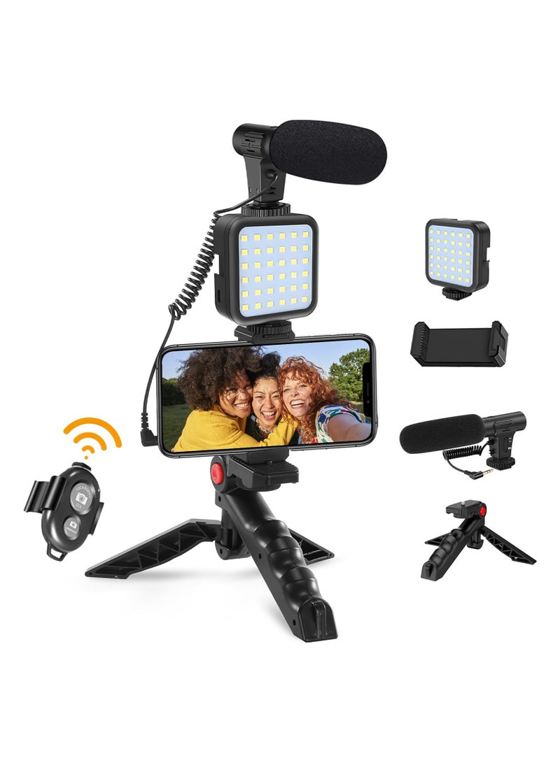 Vlogging Kit, YouTube Kit for iPhone & Android, Compatible Video Vlog Kit with Microphone LED Light Tripod, Remote Control, for Instagram YouTube Recording Facebook Live(Not Including Batteries)
