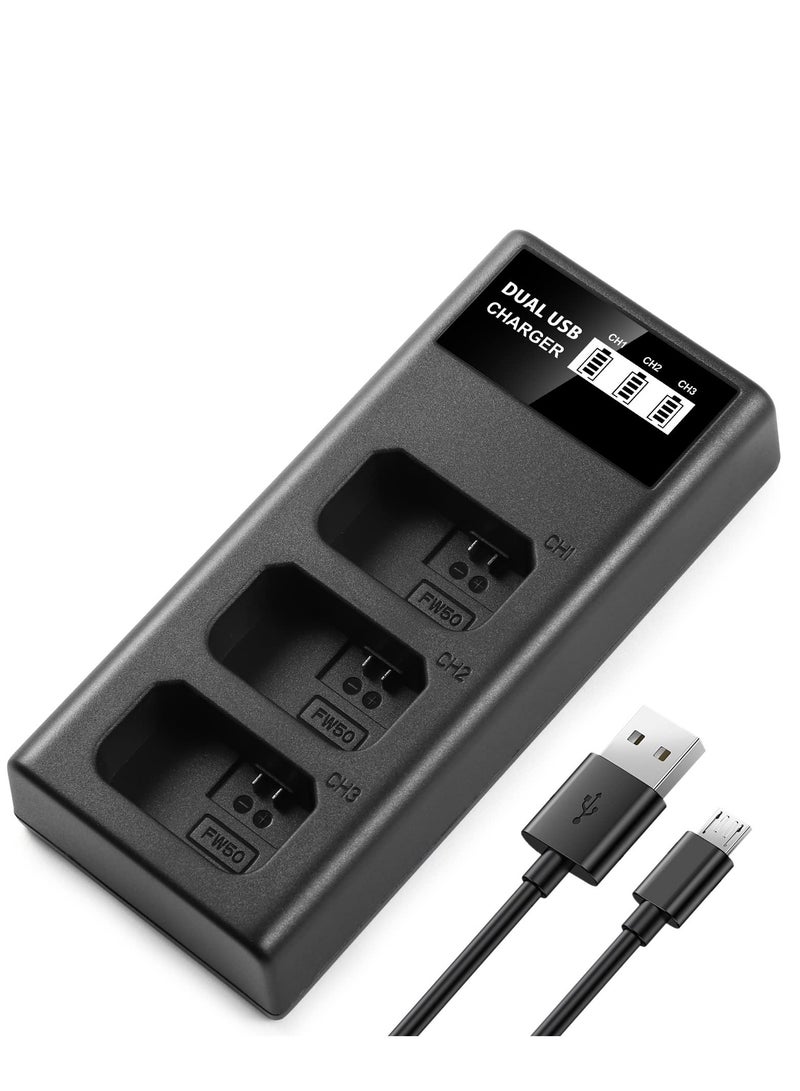 NP-FW50 Triple Slot LCD USB Charger, Fast Charger for Sony NEX 3/5/7 Series, SLT-A Series, Alpha a3000, a5000, a5100, a55, a6000, a6100, a6300, a6400, a6500, a7/a7II/a7s/a7SII/a7r/a7rII, rx10, rx10II