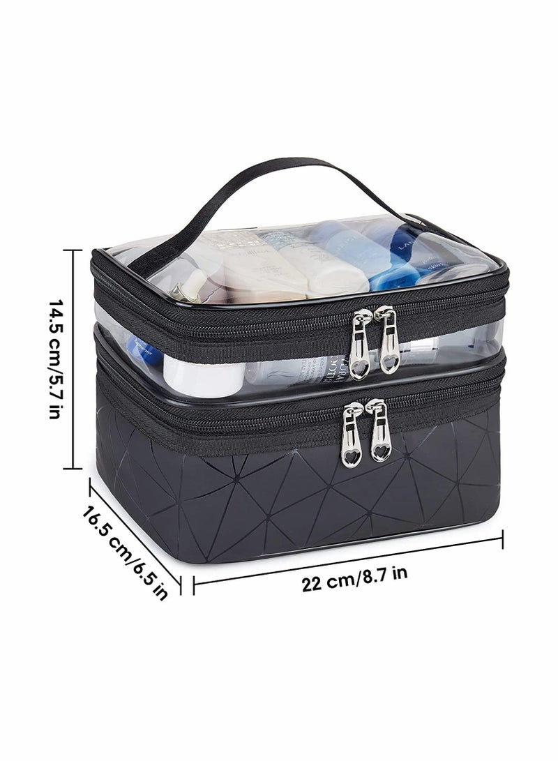 Travel Makeup Bag Organizer, Double Layer Large Cosmetic Bag, Clear Travel Cosmetic Case, Makeup Organizer for Lots of Brushes, Portable Toiletry Bag Water Resistant for Women Girl, Black