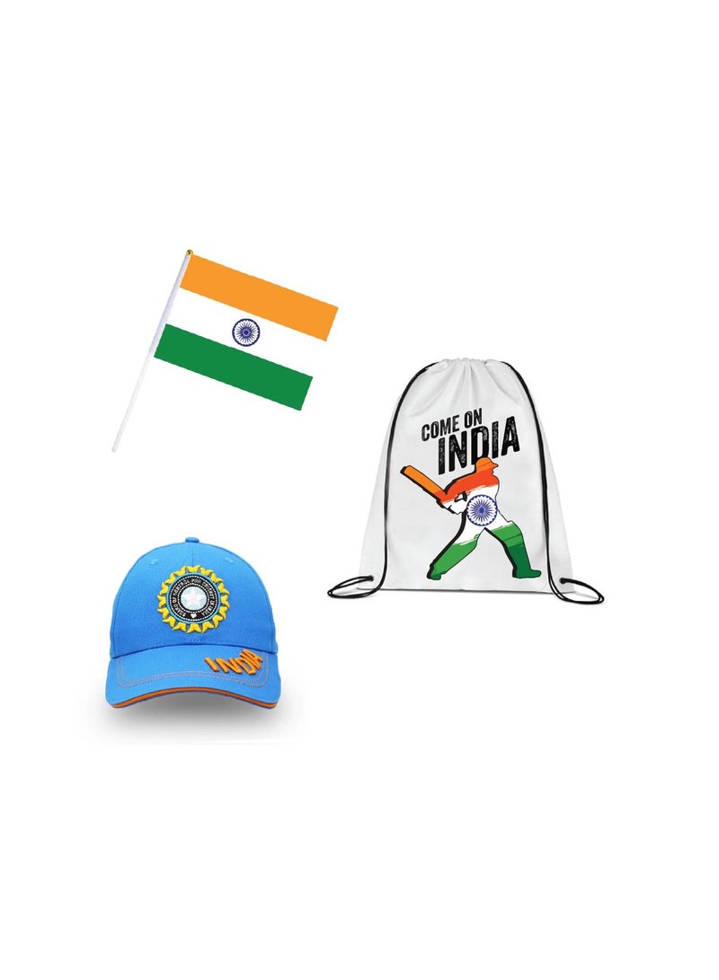 India Cricket Sports Fans Set - Pack of 3 Combo - Embroidered Cap, Drawstring Bag, and Hand Flag - Ideal for Matches, Events, and Everyday Use - Perfect for Sports Fans