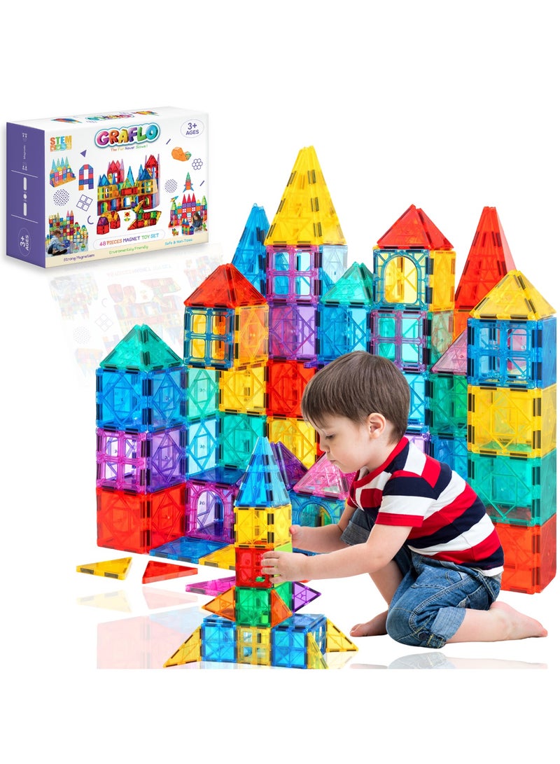 GRAFLO Magnetic Building Tiles  48 Pcs Set of Vibrant 3D Blocks, Encourages Creative Construction, Promotes Educational Brain Development, Stimulates Imagination, STEM Toy for Kids 3+ Years