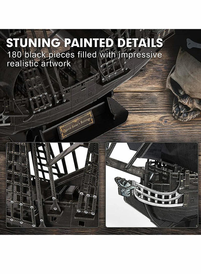 3D Puzzles for Adults Black Pirate Ship Model Kit, Third Generation Upgrade Queen Anne's Revenge Sailboat Building Kits Family Puzzle, Watercraft Desk Decor Gifts for Women Men, 180 Pieces
