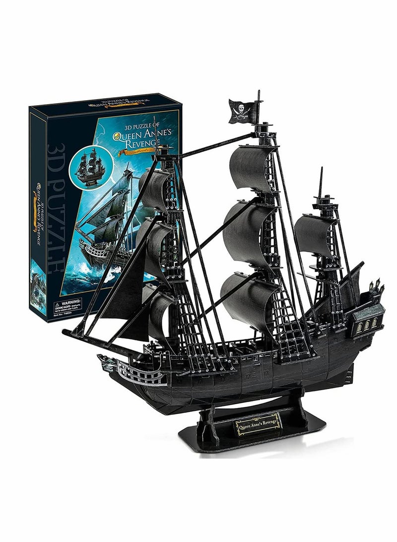 3D Puzzles for Adults Black Pirate Ship Model Kit, Third Generation Upgrade Queen Anne's Revenge Sailboat Building Kits Family Puzzle, Watercraft Desk Decor Gifts for Women Men, 180 Pieces