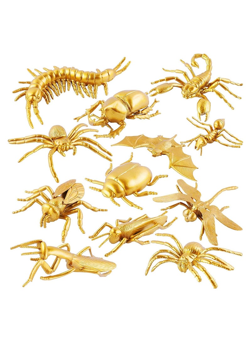 12 Pieces Metallic Gold Plastic Insects Figurines Toys Realistic Insects Bugs Toys Animal Figurines Decor for Farm Circus Jungle Safari Insects Themed Birthday Party